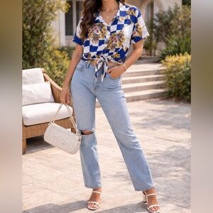 Forever 21 Blue, White & Gold Baroque Checker Shirt size 2X